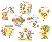 Question Words In Cartoon Pictures, Visual Aid For Language Learning