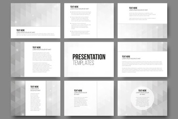 Poster - Set of 9 templates for presentation slides. Abstract gray backgrounds. Triangle design vectors