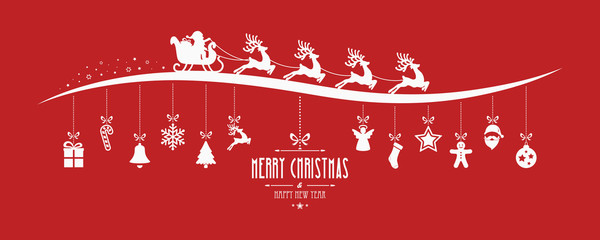 Wall Mural - santa claus sleigh christmas elements hanging red background