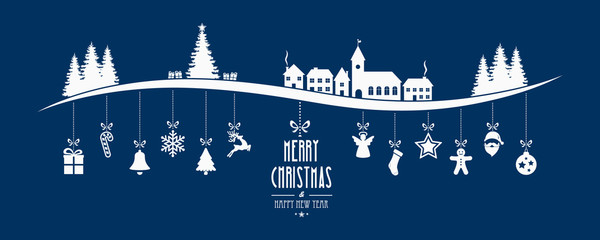Wall Mural - winter landscape christmas ornament hanging blue background