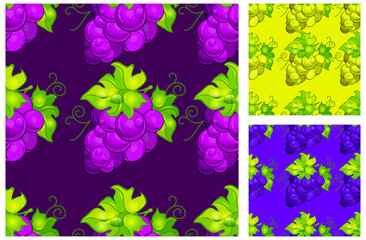 Seamless pattern with cluster grapes and green leaves on