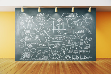 Wall Mural - Business plan strategy on blackboard in empty room with wooden f