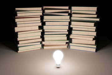 Poster - Three piles of books with glowing lightbulb in the middle