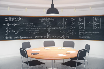 Wall Mural - Modern classroom with blackboard with equations and furniture