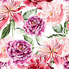  Seamless pattern with watercolor flowers.  Peonies.  