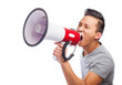 © asierromero - portrait of a young asian man shouting with a megaphone
