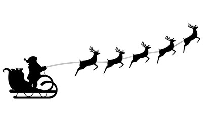 Santa Claus rides in a sleigh in harness on the reindeer