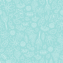 Seamless Pattern With Grapes, Acorns, Leaves And Flowers. Beautiful Background For Thanksgiving