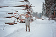 © mashiki - child girl on cozy winter walk in snowy forest near tree felling