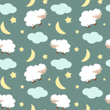 Cute Sheep In The Night Sky With Stars Moon And Clouds Seamless Vector Pattern Background Illustration