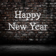 Sticker - room interior vintage with brick wall and wood floor background. Happy new year