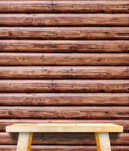 Empty Wooden Table Top At Red Brown Log Wood Wall,Template Mock