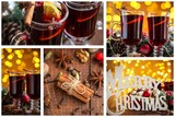 Fototapeta Kuchnia - Christmas collage with photos of spruce, champagne, mulled wine, orange, bokeh and decorations
