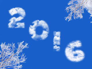 Wall Mural - 2016 written with clouds, blue sky and snowy tree branches