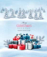 Wall Mural - Holiday Christmas background with gift boxes and landscape. Vect