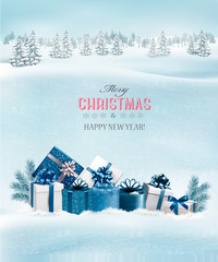 Poster - Holiday Christmas background with gift boxes. Vector.