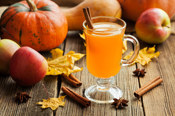 Hot apple cider healthy traditional winter christmas or thanksgiving holiday beverage. Sweet organic autumn drink with spices, cinnamon and anise on vintage wooden background