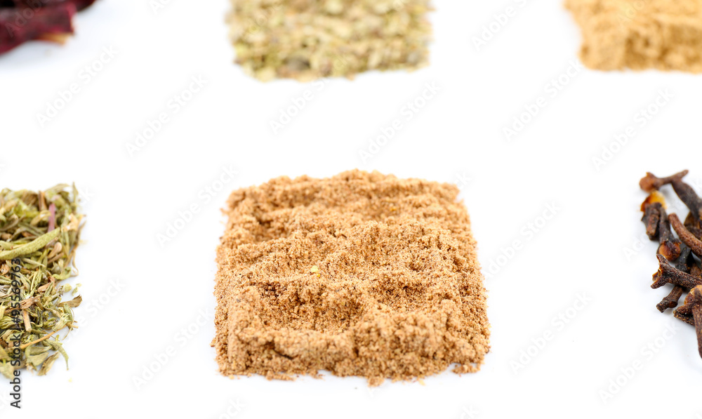 Various kinds of herbal tea and herbs isolated on white