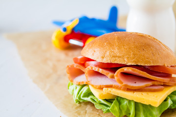 Wall Mural - Lunch box with sandwich salad and friuts