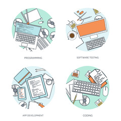vector illustration. flat background. coding, programming. seo. search engine optimization. app deve