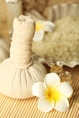 Natural relaxing spa set on wicker background, close up