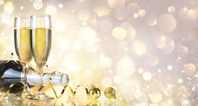 Toast With Bottle And Champagne - Golden Background
