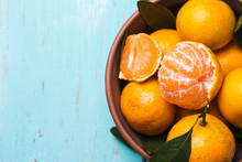 Full Bowl Of Ripe Tangerines With Space For Text, Top View