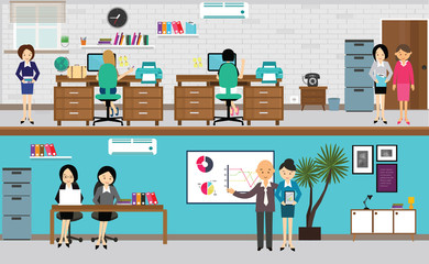 Poster - people working at office in flat vector illustration busy teamwork desk computer standing presentati