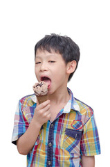 Canvas Print - Little Asian boy eating chocolate ice cream over white backgroun