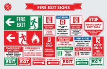Set Of Emergency Exit Sign (fire Exit, Emergency Exit, Fire Assembly Point, Door Must Remain Closed, Alarm Will Sound, Emergency Exit Only, No Re-entry To Building, Push Until Alarm Sound).