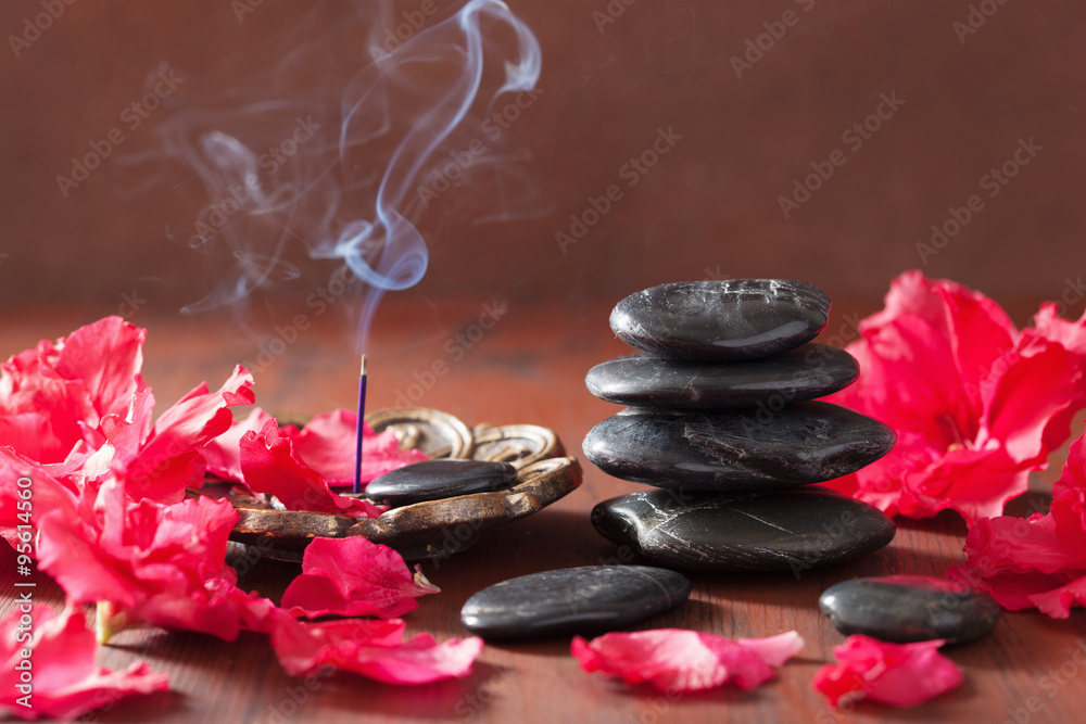 incense sticks for aromatherapy spa azalea flowers black massage - obrazy, fototapety, plakaty 