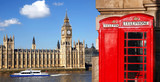 Fototapeta Londyn - London symbols with BIG BEN and red PHONE BOOTHS in England, UK