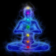 Human energy body silhouette with aura and chakras in meditation.