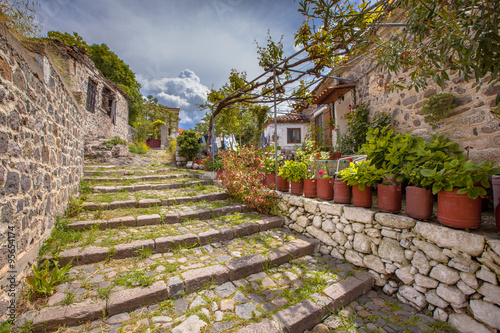 Fotografia  Rock staircase with gardens on Lesbos island Greece
