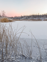 Lake covered with fresh fallen snow at dawn