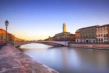 Pisa, Arno River, Ponte Di Mezzo Bridge. Lungarno View. Tuscany,