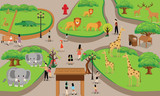 zoo cartoon people family with animals scene vector illustration background from top landscape