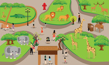 Zoo Cartoon People Family With Animals Scene Vector Illustration Background From Top Landscape