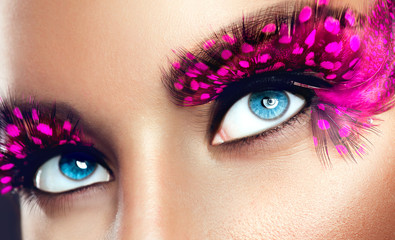 Poster - Creative holiday makeup. False long purple eyelashes closeup