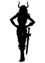 Woman Fantasy Warrior In A Bull Horned Helmet  With A Sword Or A Zodiac Symbol The Taurus Silhouette