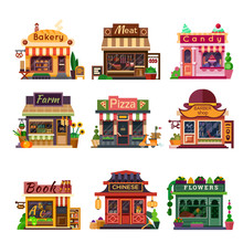 Set Of Nice Shops. Different Showcases: Bakery, Meat Shop, Candy Store, Farm Products, Pizza Cafe, Coffee, Barbershop, Bookstore, Chinese Shop, Flower Shop. Flat Vector Illustration Stock Set.