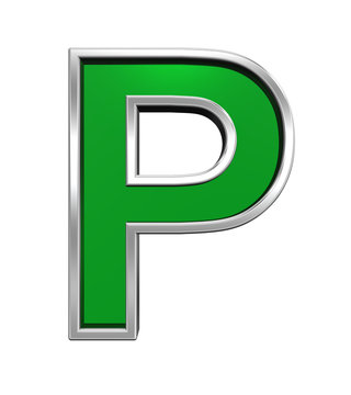 One letter from green glass with chrome frame alphabet set, isolated on white. Computer generated 3D photo rendering.