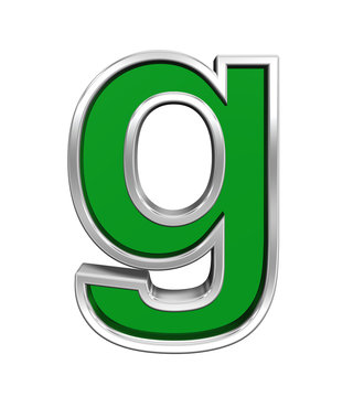 One lower case letter from green glass with chrome frame alphabet set, isolated on white. Computer generated 3D photo rendering.