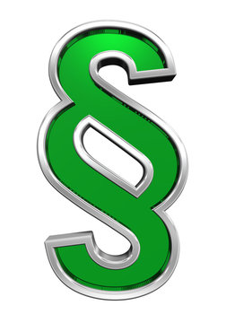 Paragraph sign from green glass with chrome frame alphabet set, isolated on white. Computer generated 3D photo rendering.