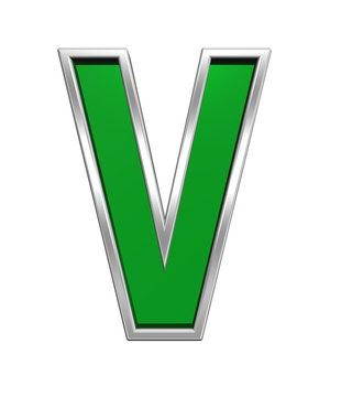One letter from green glass with chrome frame alphabet set, isolated on white. Computer generated 3D photo rendering.
