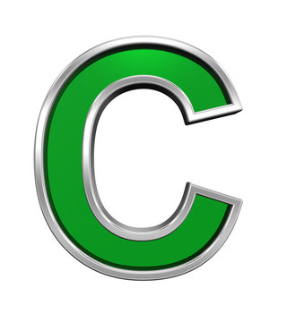 One letter from green glass with chrome frame alphabet set, isolated on white. Computer generated 3D photo rendering.