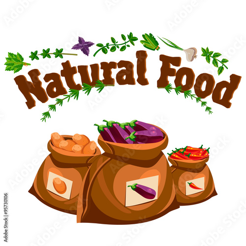 Naklejka na szybę Natural food, farm products banner, bags with vegetables