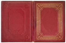 Old Open Book Cover In Red Canvas With Embossed Golden Abstract And Floral Ornaments - Circa 1870 - Isolated On White