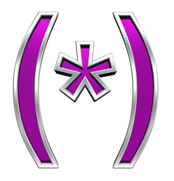 Parenthesis, asterisk from purple glass with chrome frame alphabet set, isolated on white. Computer generated 3D photo rendering.