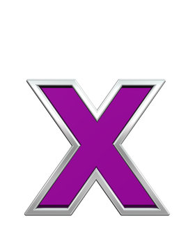 One lower case letter from purple glass with chrome frame alphabet set, isolated on white. Computer generated 3D photo rendering.